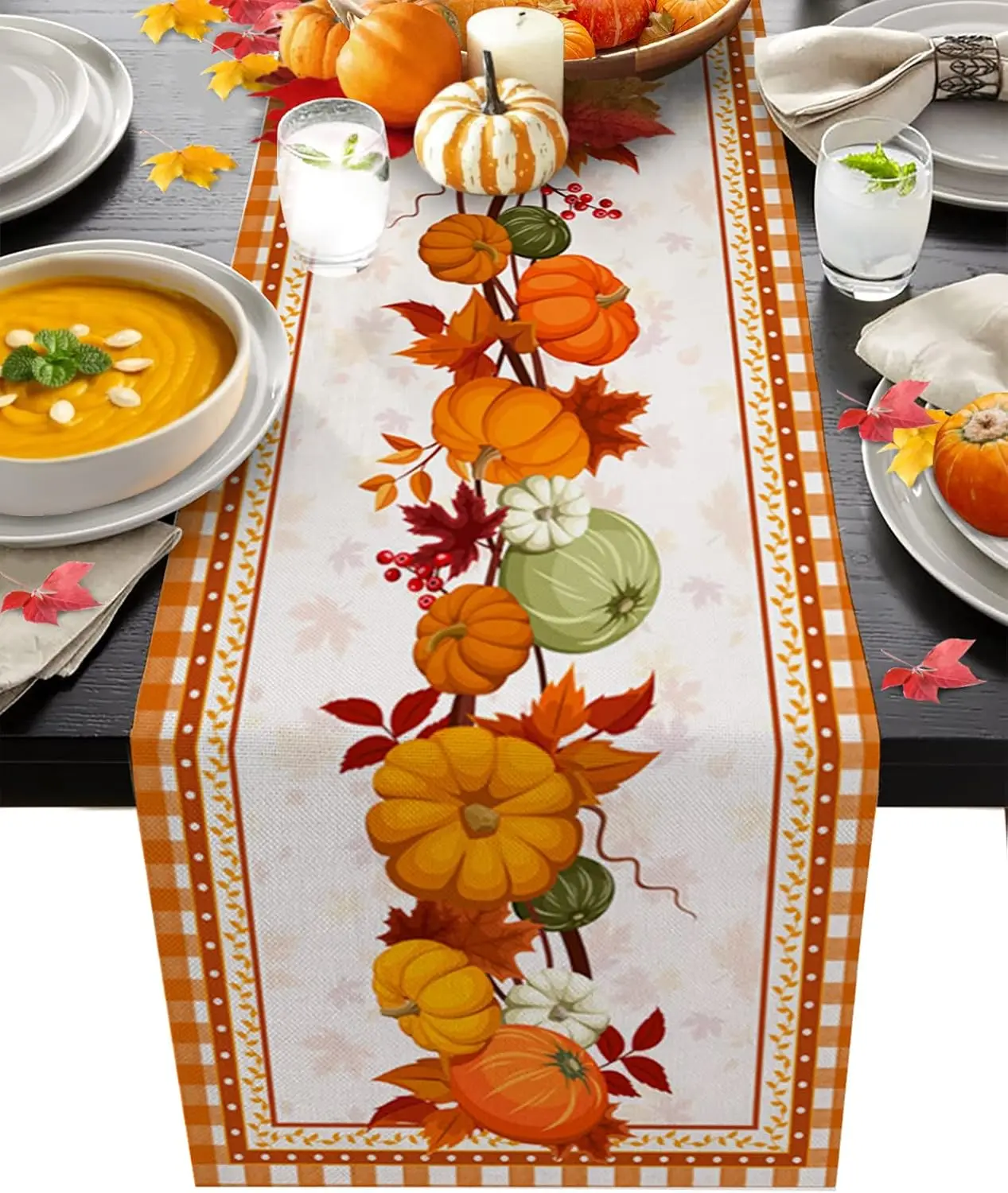 

Fall Pumpkins Maple Leaves Linen Table Runner Holiday Party Decor Washable Autumn Thanksgiving Table Runners Kitchen Table Decor