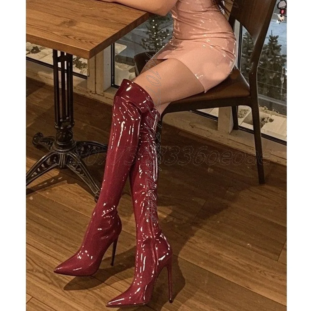 أحذية طويلة حمراء مثيرة ضيقة فوق الركبة مع سحاب جانبي مزخرف وجلد لامع للنساء 2025 Zapatos Para Mujere #2