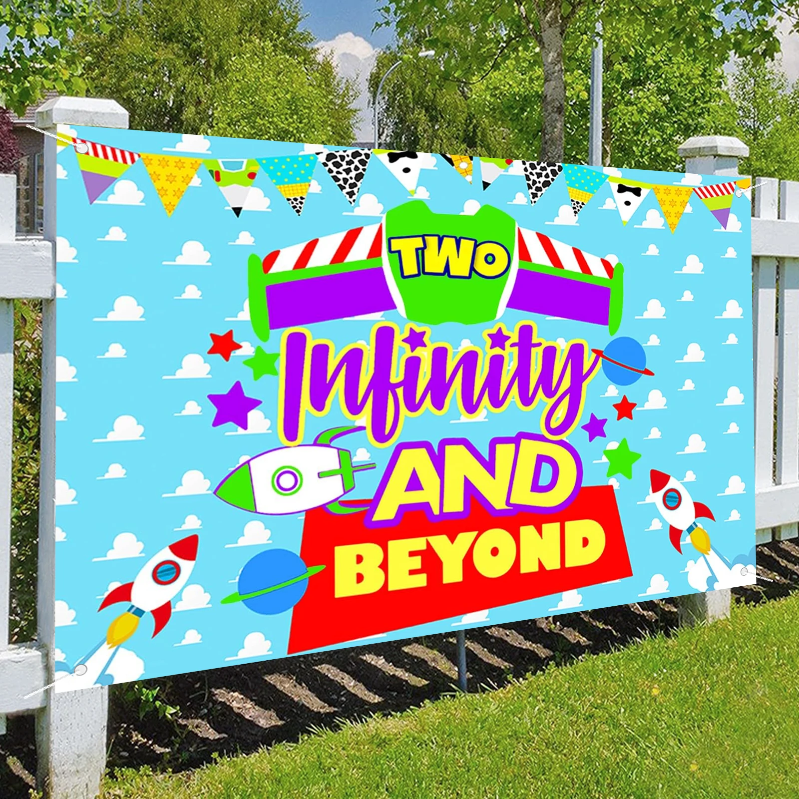 Blue Clouds Cartoon Story 2nd Birthday Party Banner Backdrop 2 to infinity and Two Beyond Bday Decorations Party Supplies for