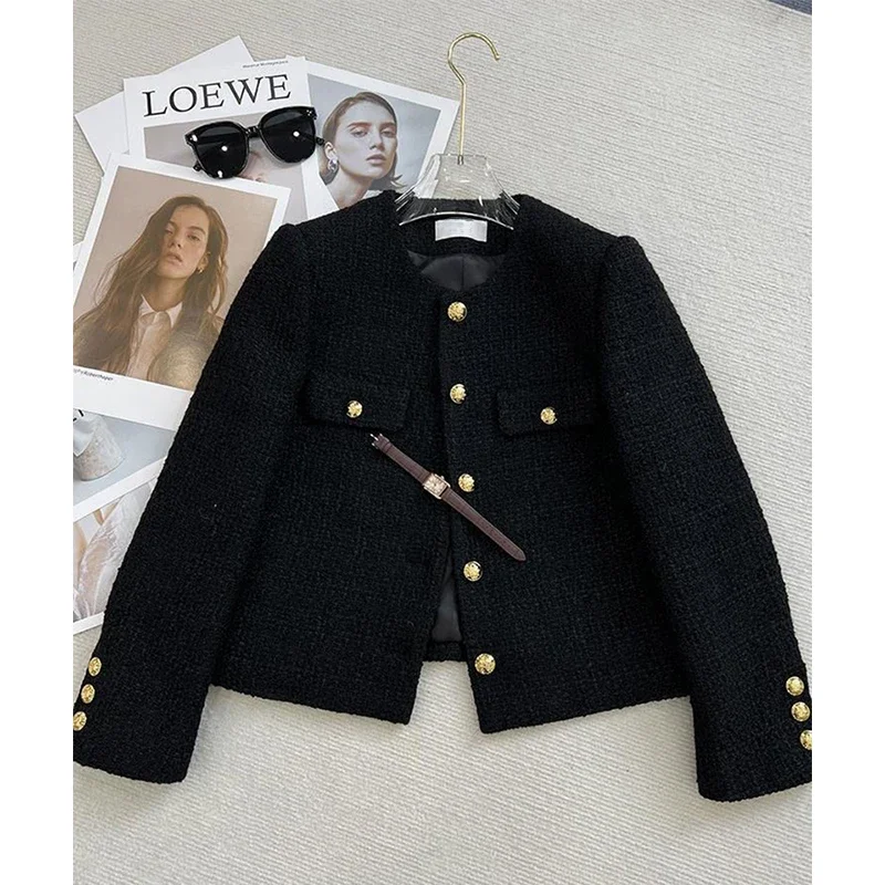 Black Tweed Jackets for Women Fashion Vintage Metal Buckle Design Short Coat Women Korean Elegant Single Breasted Outerwear New