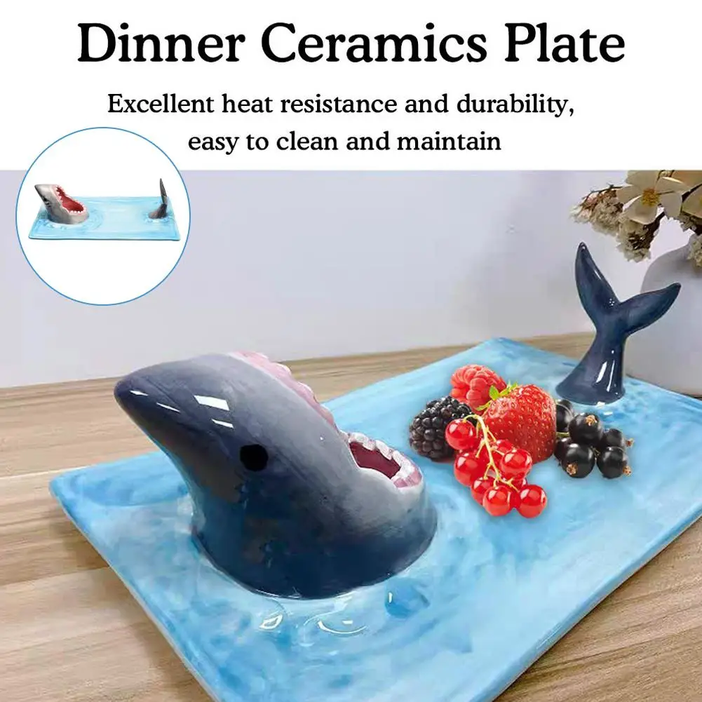 

Ceramic Sushi Plate Shark Shape Rectangle Cheese Board Dining Table Decoration Kitchen H6A3