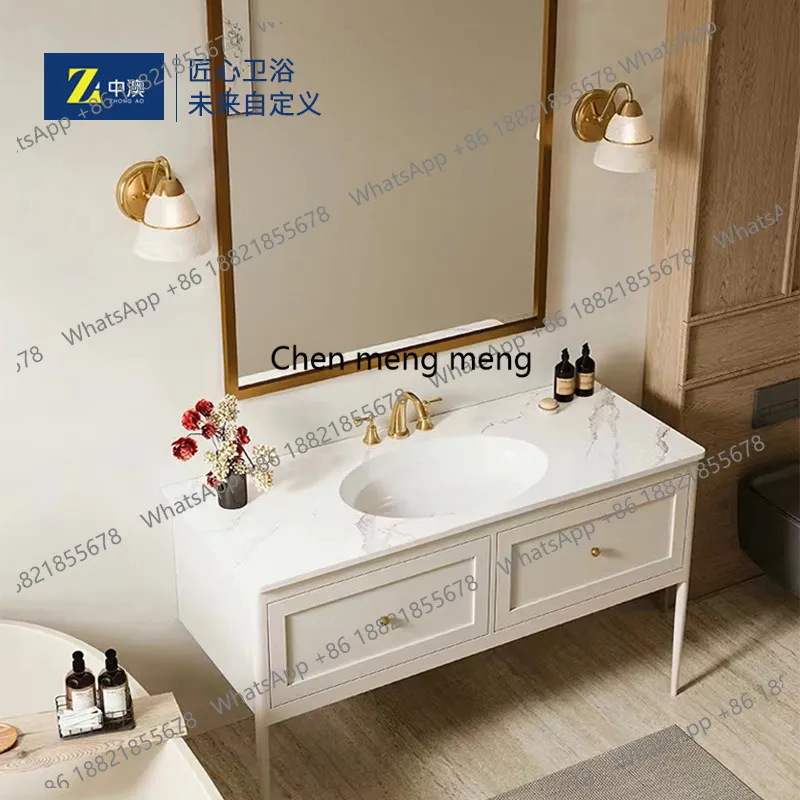 

Solid wood bathroom cabinet combination floor-to-ceiling rock slab seamless basin Corian bathroom cabinet sink