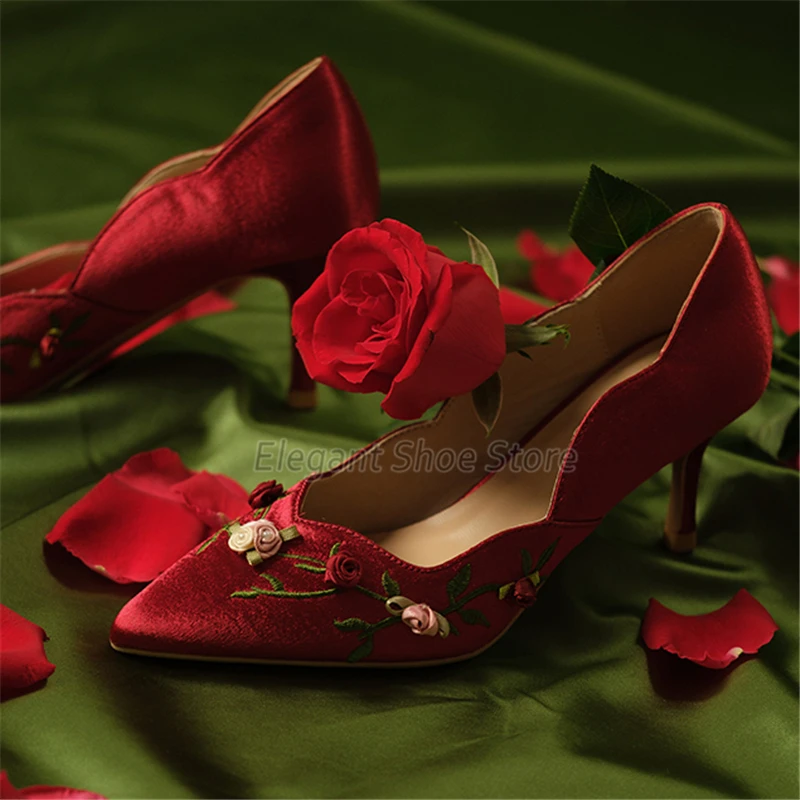 Retro Embroidered Red High Heels for Women Sexy Satin Rose Vine Pointed Toe Thin Heel Pumps Banquet Stiletto Wedding Dress Shoes