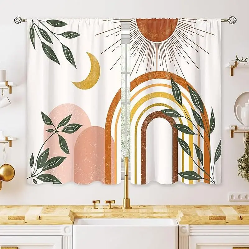 VIKAMA Geometric Palm Leaf Print Mid Century Modern Tier Curtains Rod Pocket Light Filter Privacy Short Kitchen Window Drapes