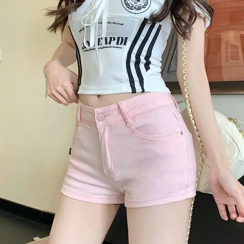 2026 Summer American High Waist Pink Denim Ultra Short Pants for Women Sexy Short Jeans Back Pocket Embroidery Hip-hug Hot Pants