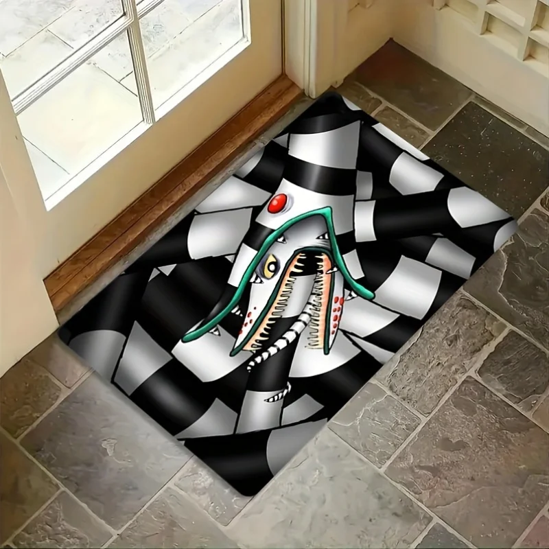 Sandworm Doormat – Black & White Checkerboard with Green Monster, Flannel Non-Slip, Machine Washable, Entryway Living Room
