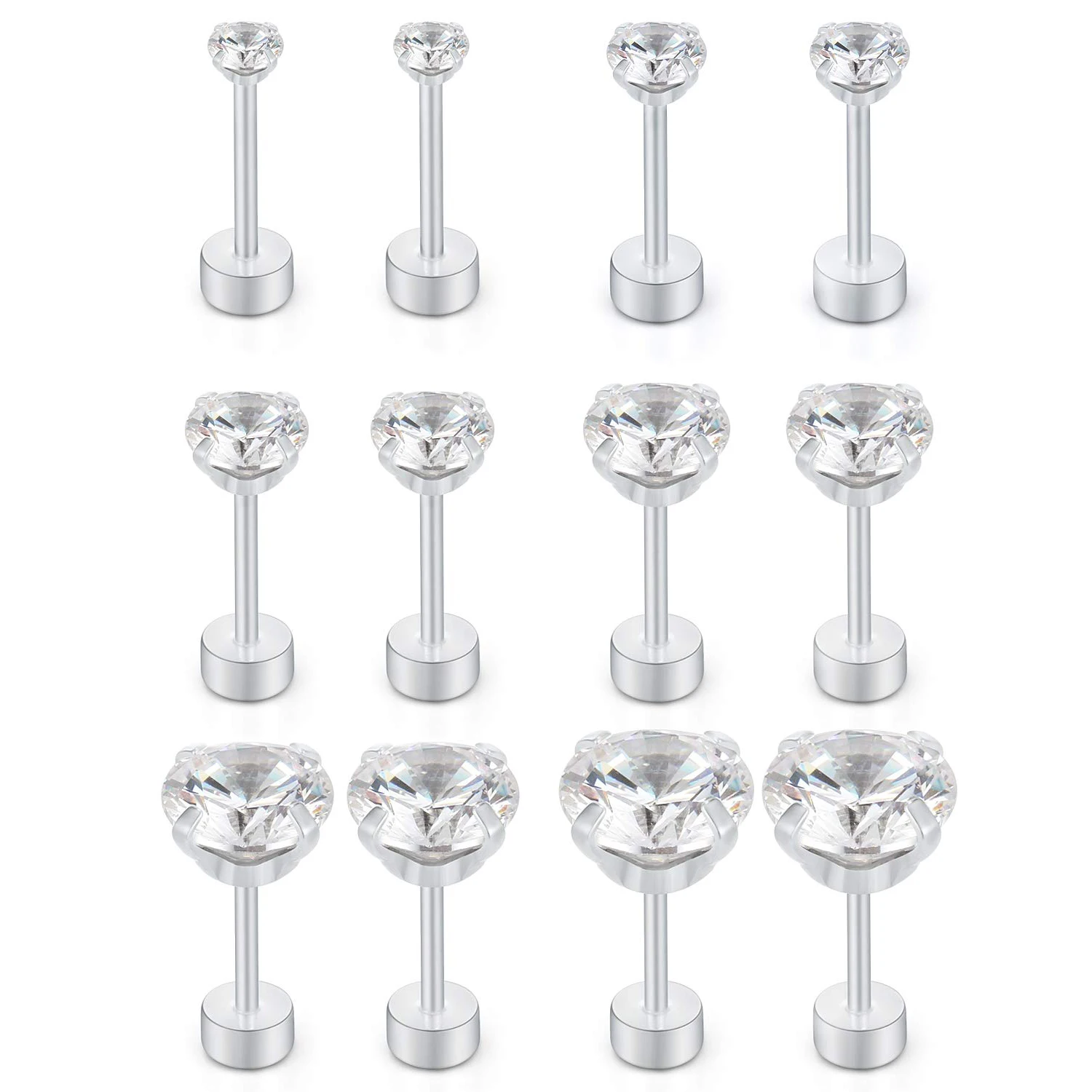 1 Pair Stainless Steel Tragus Stud Earrings for Women Men Round Cubic Zirconia Flat Back Screw Back Ear Piercing 2-8MM Jewelry