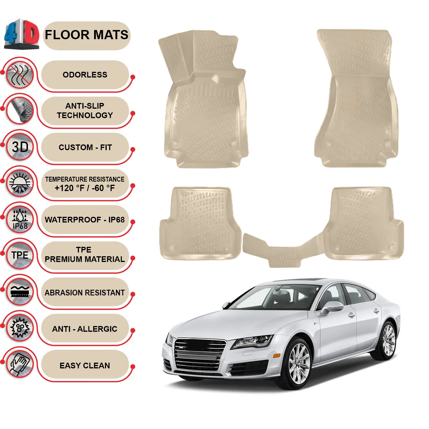 Audi A7 - (2010-2018) Floor Mats Liner Waterproof 3D - (Beige)