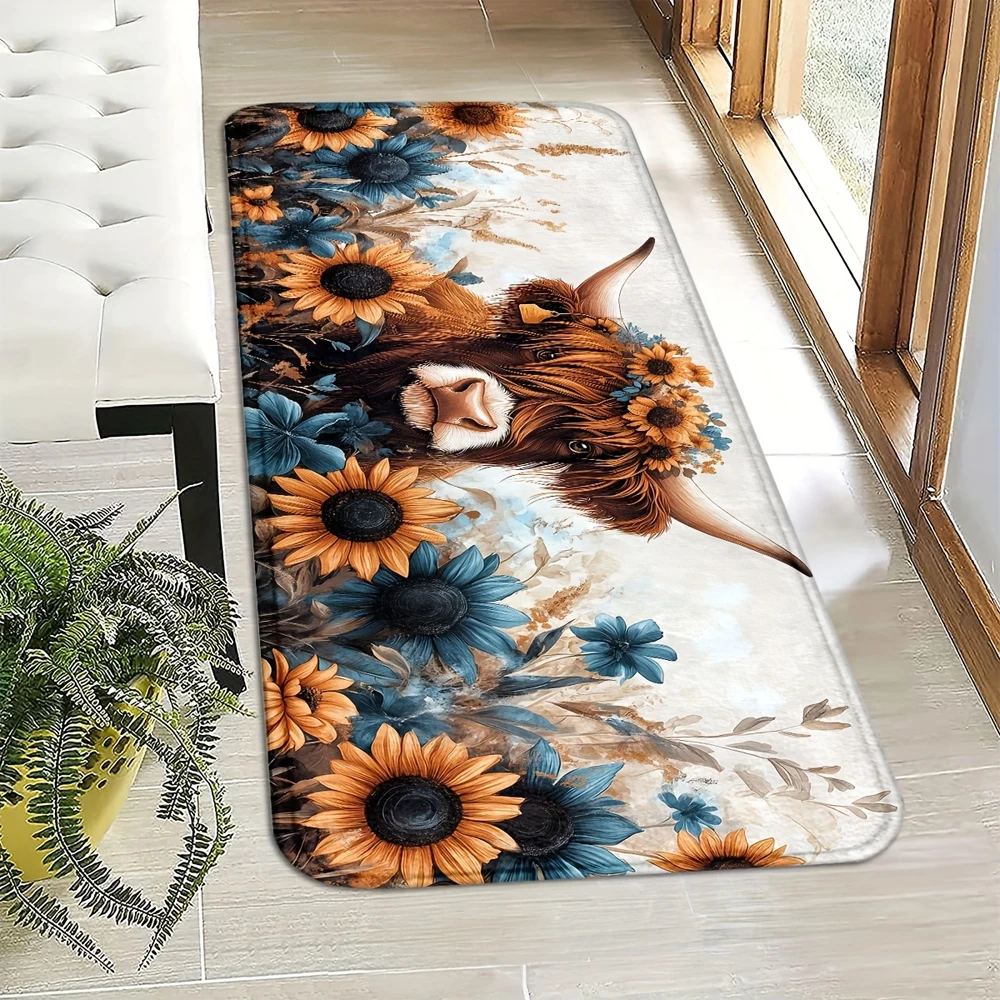Highland Cow Sunflower Print Runner Rug Soft Flannel Washable Floor Mat for Kitchen Bedroom Entryway Farmhouse Themed Home Decor