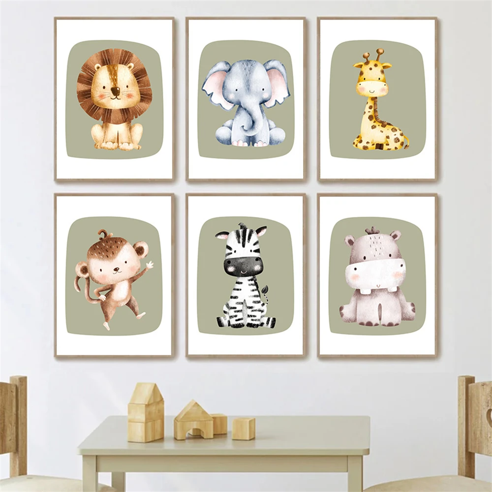 

Cute Monkey Zebra Giraffe Lion Canvas Print Cartoon Green Poster Nursery Wall Art Nordic Painting Pictures Baby Kids Room Decor