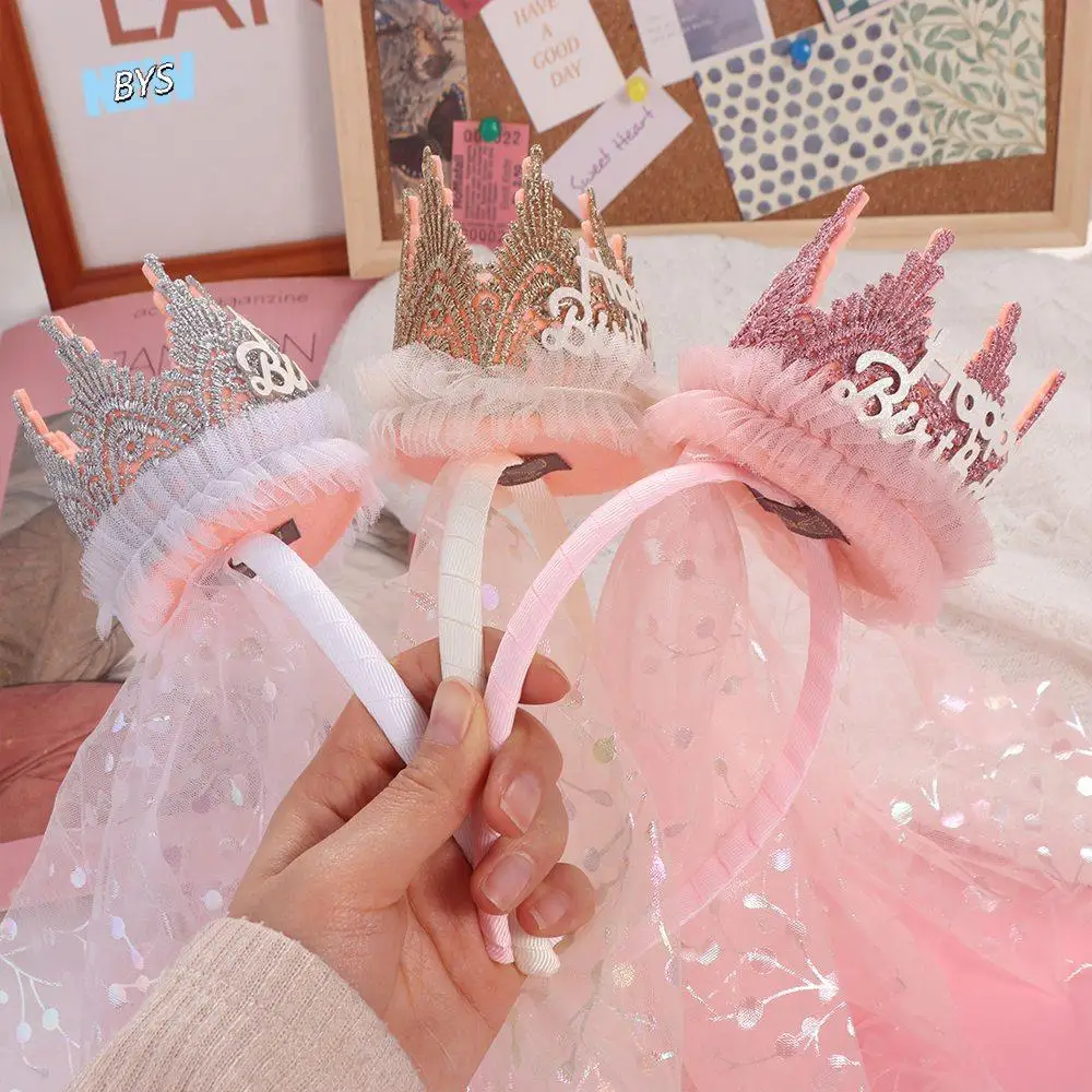 

Korean Style Crown Gauze Headband Hair Accessories Hair Decor Happy Birthday Hairband Photo Props Headwear Lace Mesh Hair Hoop