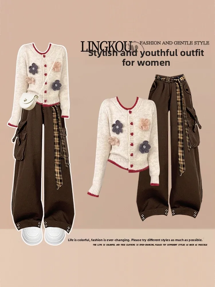 

Fashionable Knitted round Neck Sweater And Pants Set for Women Autumn Large Size Floral Print Casual Wear Comfortable Fit