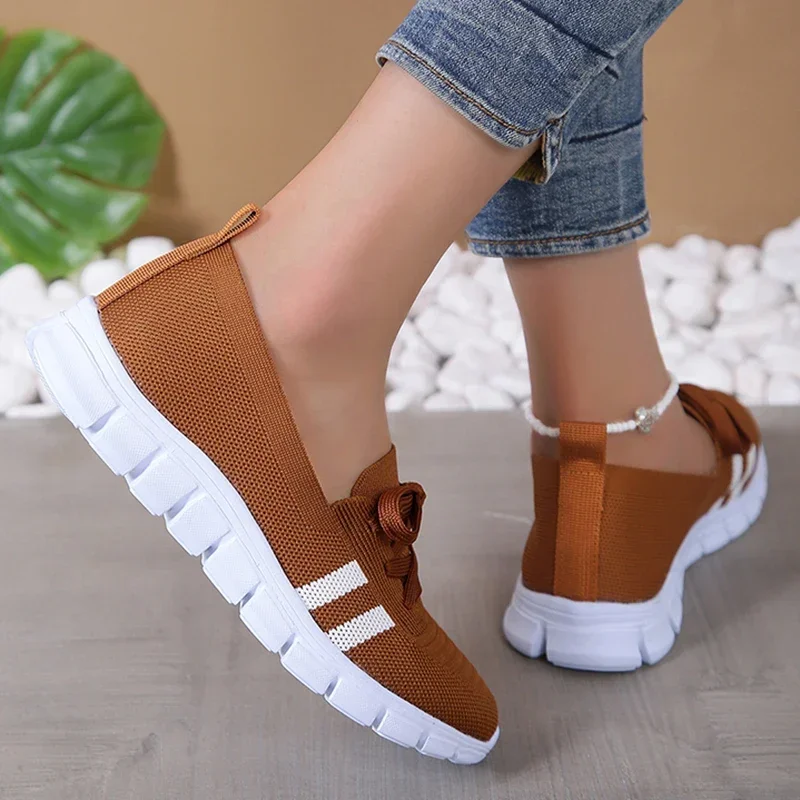 Mesh Knitted Striped Flats Shoes for Women 2024 Summer Lace Up Casual Sneakers Woman Breathable Soft Sole Loafers Plus Size 43 image 4