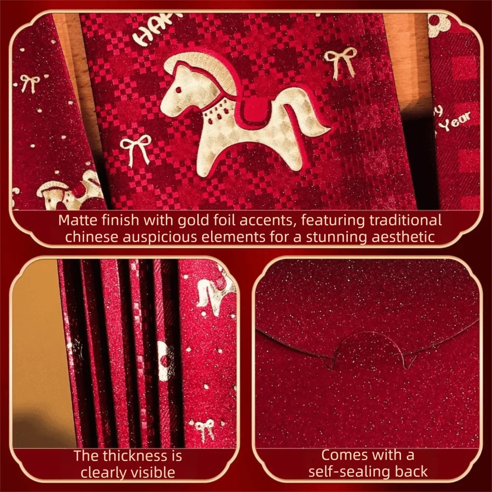 

6Pcs Lucky Red Envelopes Chinese Style Gold Foil Design Cash Gift Envelopes New Year Blessing Luck Money Bag Year of The Horse