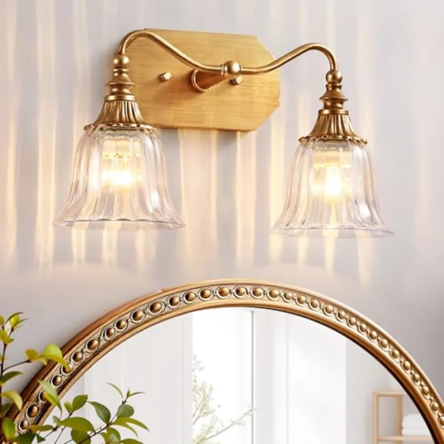 

Bathroom Vanity Light Fixture, Bathroom Lighting Matte Antique Brass Finish with Crystal Glass Shade, Vintage Vanity Light for