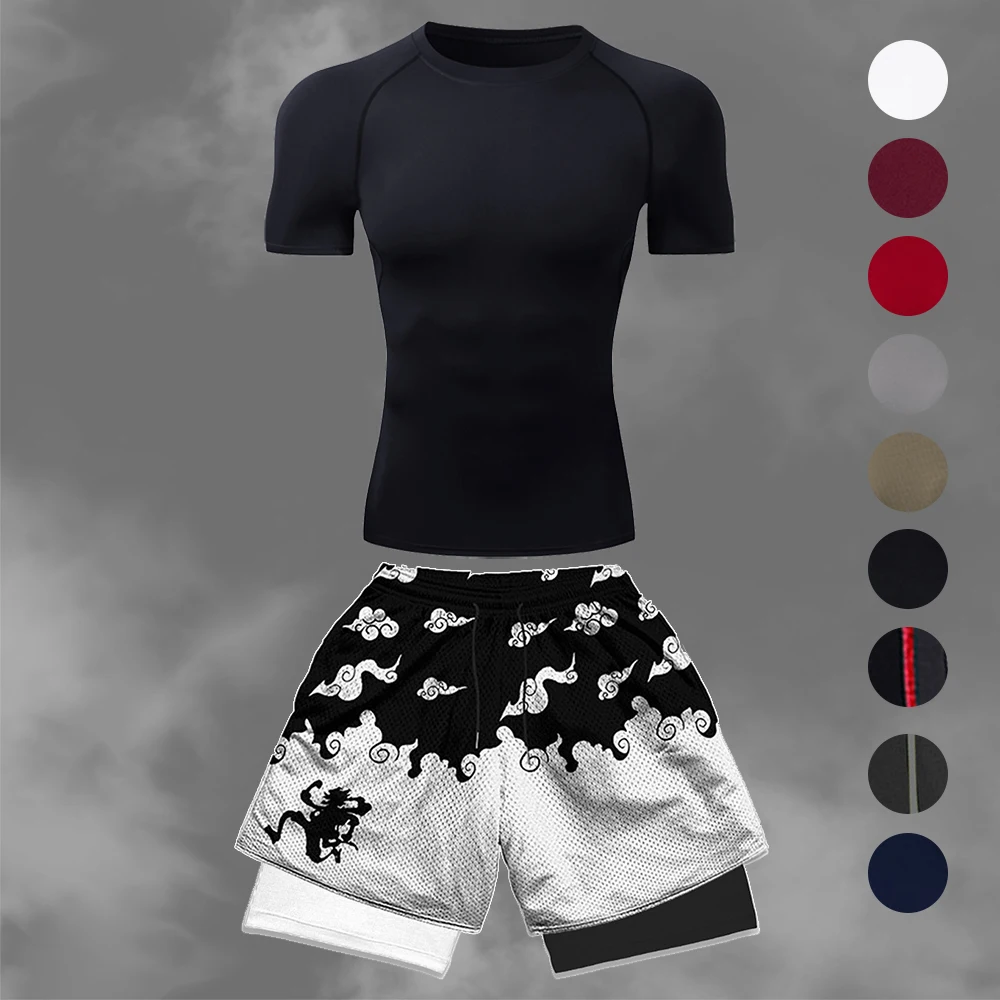 

Harajuku Anime Cloud Wave Print Men Compression Gym Suit Quick Dry Short Sleeve Top + Double Layer Sports Training Shorts