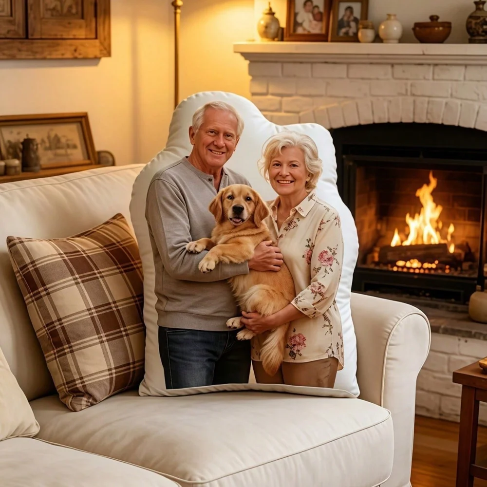 Personalized Custom Human-Shaped Standee Cushion Cover, Family Portrait with Dog Shaped Pillow Cover, Perfect Gift for Anniversary or Birthday, Custom Photo Provided