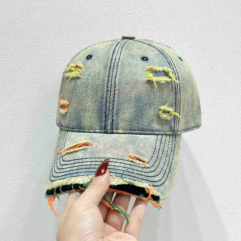 Neue Stil Frauen Kappe Tränen Stil Loch Vintage Bunte Linien Baseball Caps Weibliche Casual Outdoor Streetwear Denim Hut – Detail 12