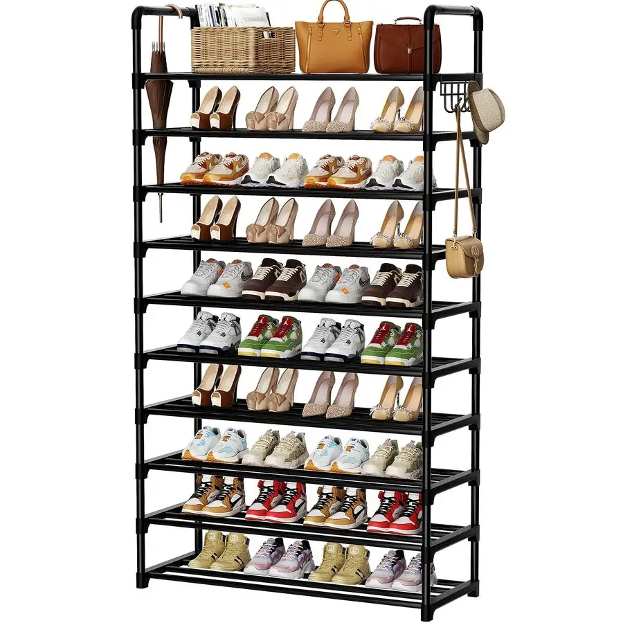 

Rack, 10 Tier Shoe Storage Organizer with Hooks,Fit 4045 Pairs Shoes,Metal Tall Shoe Shelf for Closet,Entryway, Hallway,Garage,B