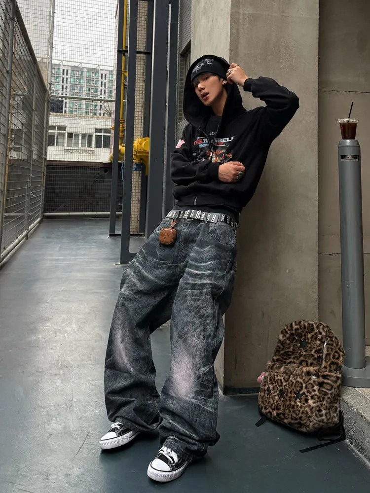 

Retro American High Street 3D Printing Worn-In Denim Jeans Loose Fit Spring Summer Autumn Trendy Unisex Straight Leg Jeans