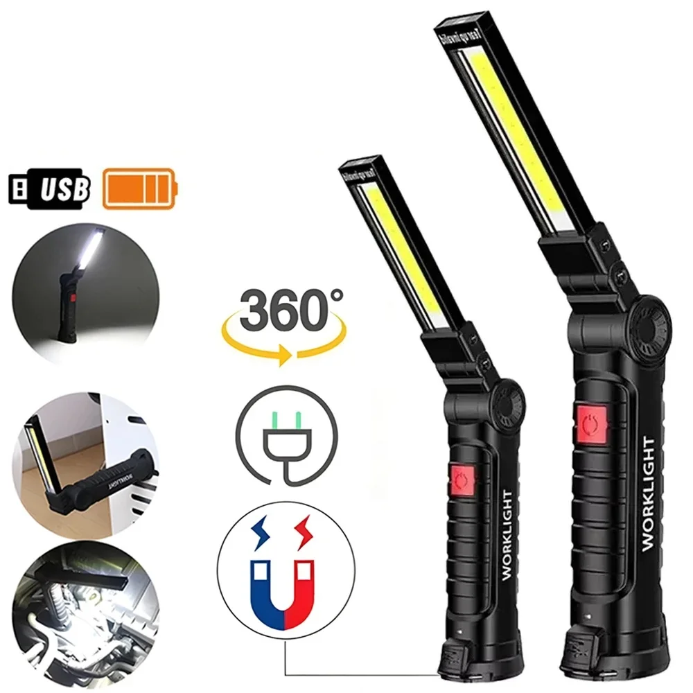 New Portable COB LED Flashlight USB Rechargeable Work Light Magnetic Lanterna Hanging Lamp with Built-in Battery Camping Torch