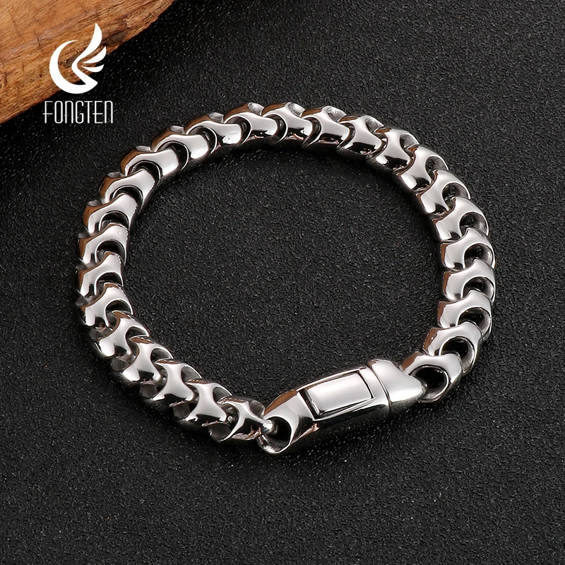 

Fongten Retro Silver Color Stainless Steel Bracelets for Men Viking Link Cuban Bone Chain Punk Biker Male Bracelets Jewelry