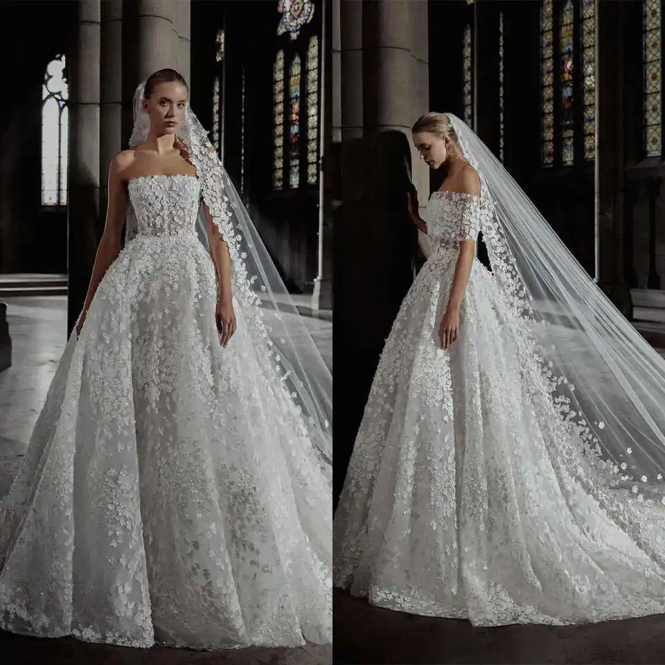 

Elegant A Line Bride Gowns With Veil Appliques Flowers Lace Strapless Wedding Dress Sweep Train Bridal Dresses Customized