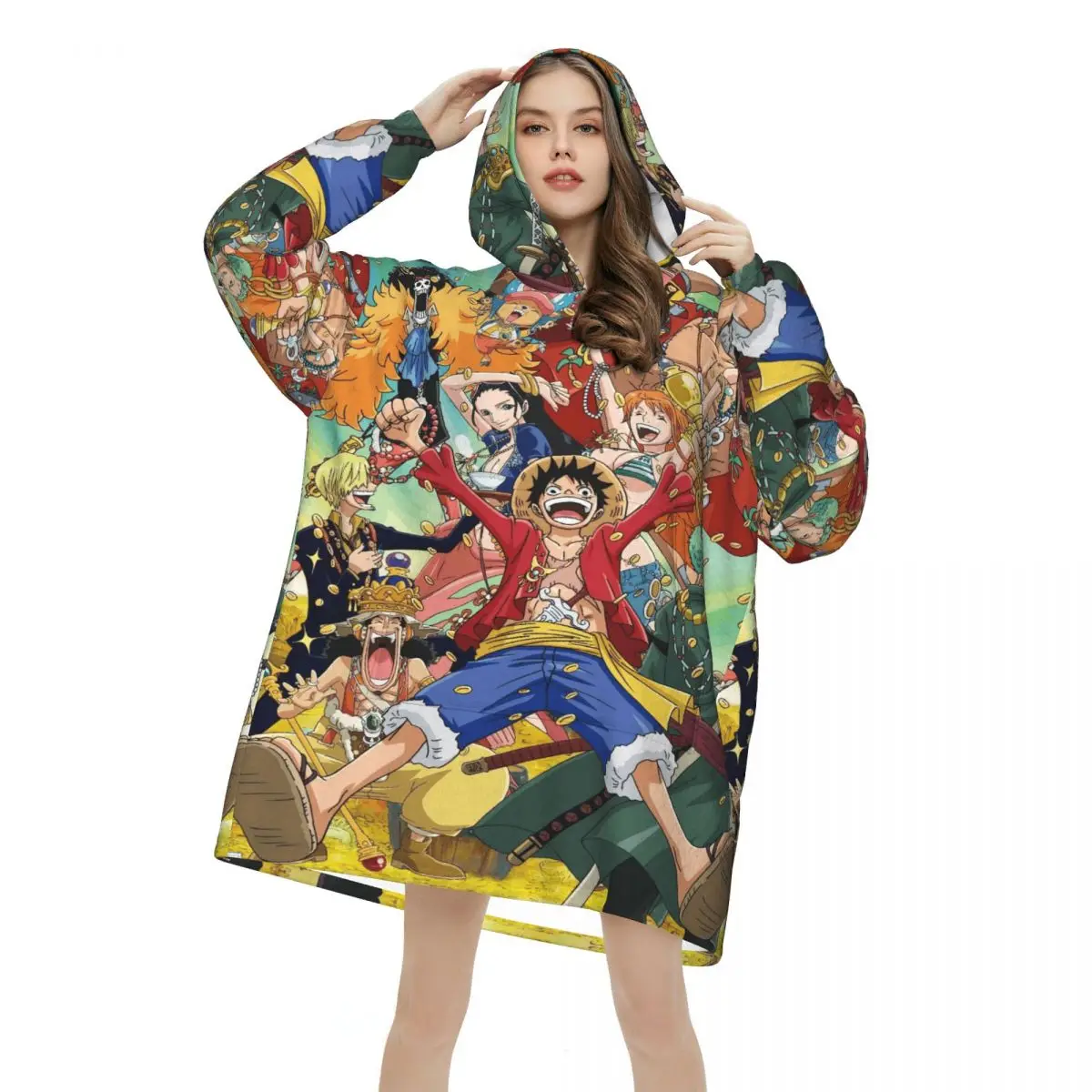 لوفي زورو توني تشوبر أنيمي بطانية كبيرة الحجم هوديي البلوز طويل الصوف مقنعين بطانية يمكن ارتداؤها مع جيب كبير #2