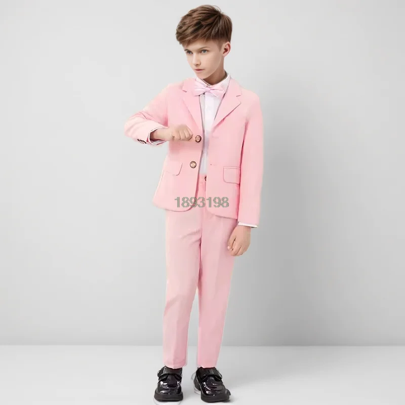 Child Formal Pink Suit Set Boy Wedding Birthday Party Piano Performance Photography Costume Kids Blazer Vest Pants Bowtie Outfit