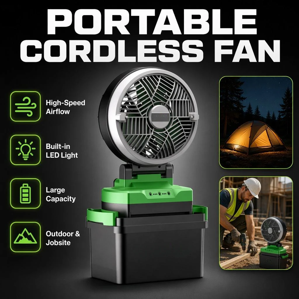 Portable Cordless Jobsite Fan with LED Light 18V Battery Powered Outdoor Camping Tent Fan High Speed Workshop Desk Cooling Fan