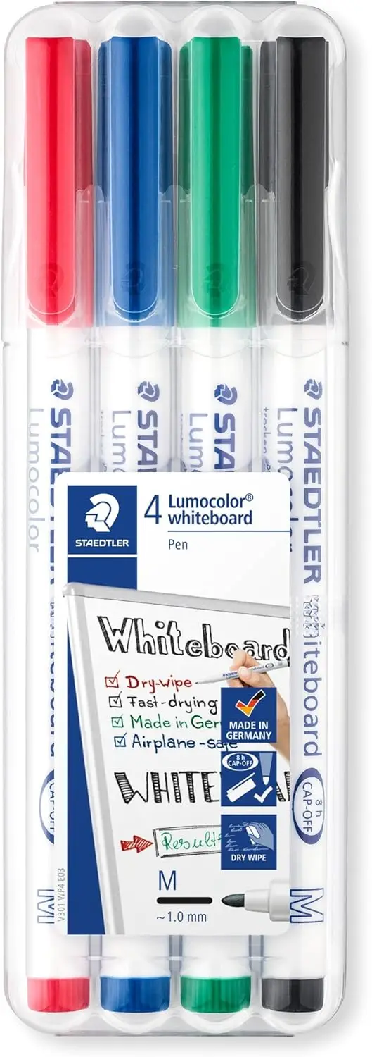 

Dry Erase Markers for Whiteboard, Fine Point, 4 Color Set with Black Blue Red Green, Low Odor, Fast Drying