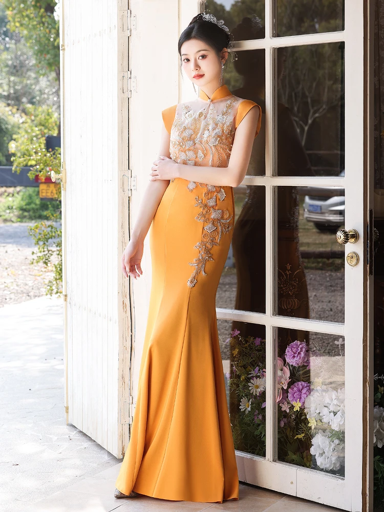 

Ele Evening Gown Host aduation Student Chaste Tail Skirt Guzheng Performance Clothes mid Waist Zipper Sle