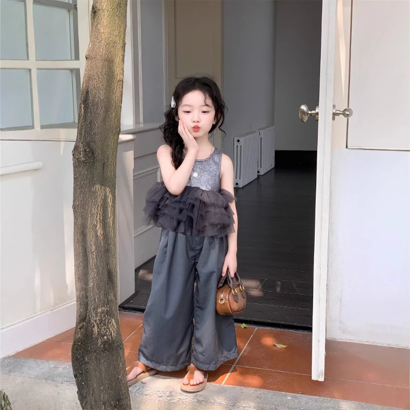 

2025 Summer New Girls' Mesh Patchwork Sleeveless Top and Suit Pants Two-Piece Set for Kids, Stylish Vest Suit