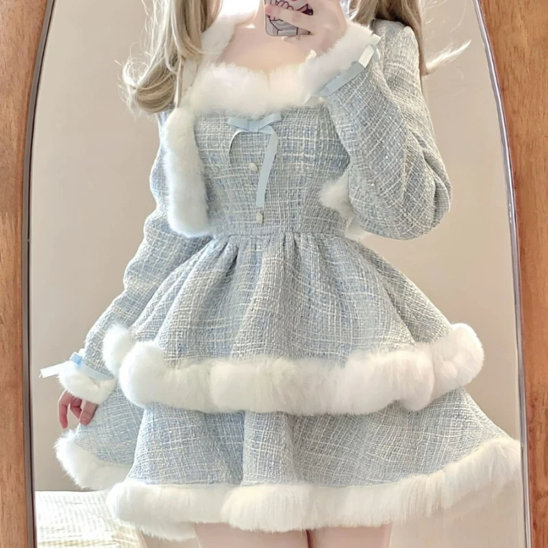 섹시한 리본 미니 스커트 일본 패션 슈트 한국 스타일 우아한 트위드 플래드 드레스 세트 여성 플러시 패치워크 숏 울 재킷