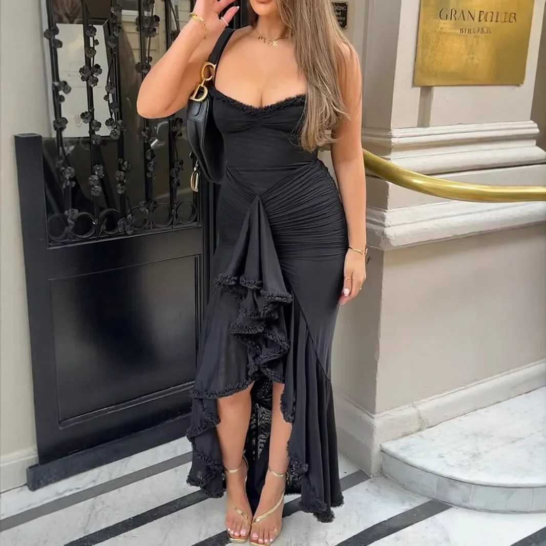 Mode Sexy Spaghetti Strap Rüschen Unregelmäßige Bodycon Party Club Abendkleid Frauen Mesh Hosenträger Frühling Sommer Urlaub Strand