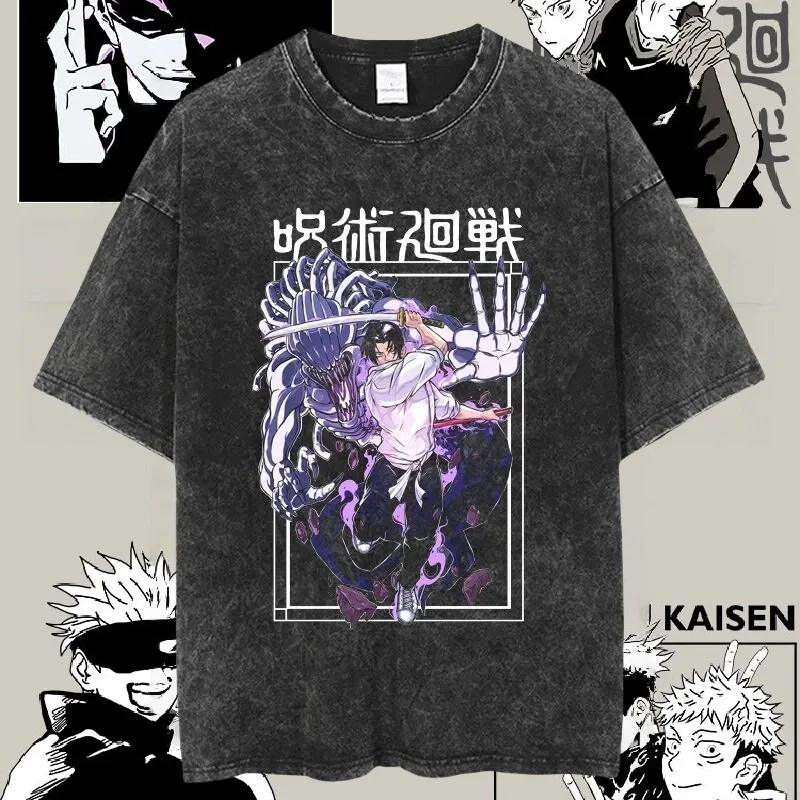 

2025 Trendy JJK Anime T-Shirt - Official High Street Vintage Washed Short Sleeve for Anime Lovers & Retro Style