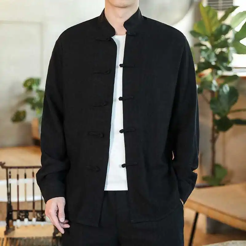 Chinese Sle Casual irt Large Size Monastic Clothing Long Sve Men's Faion Urban Sle Cotton Blend Fabric Anti-Seasonal