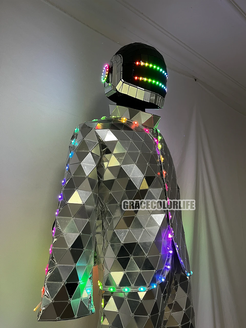 

Men's LED Stilts Walker Silver Mirror Costume Stage Performance Show Suit Dance Dress for Party Nightclub Halloween