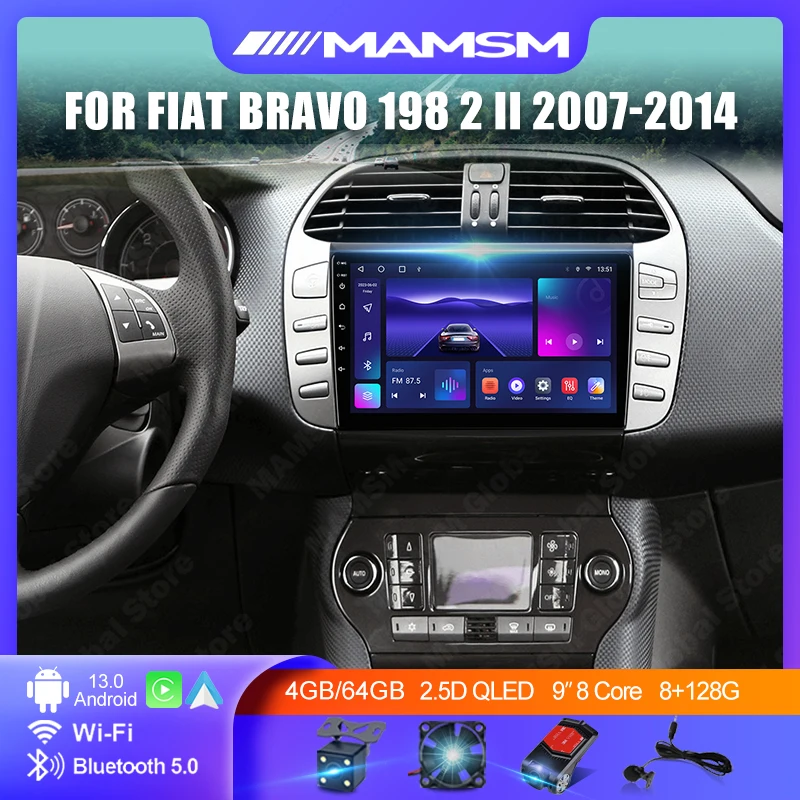 MAMSM Android Wireless Carplay Car Radio Navigation Fit For Fiat Bravo 198 2 II 2007 - 2014 WIFI+4G 8-Core Car Multimedia Player