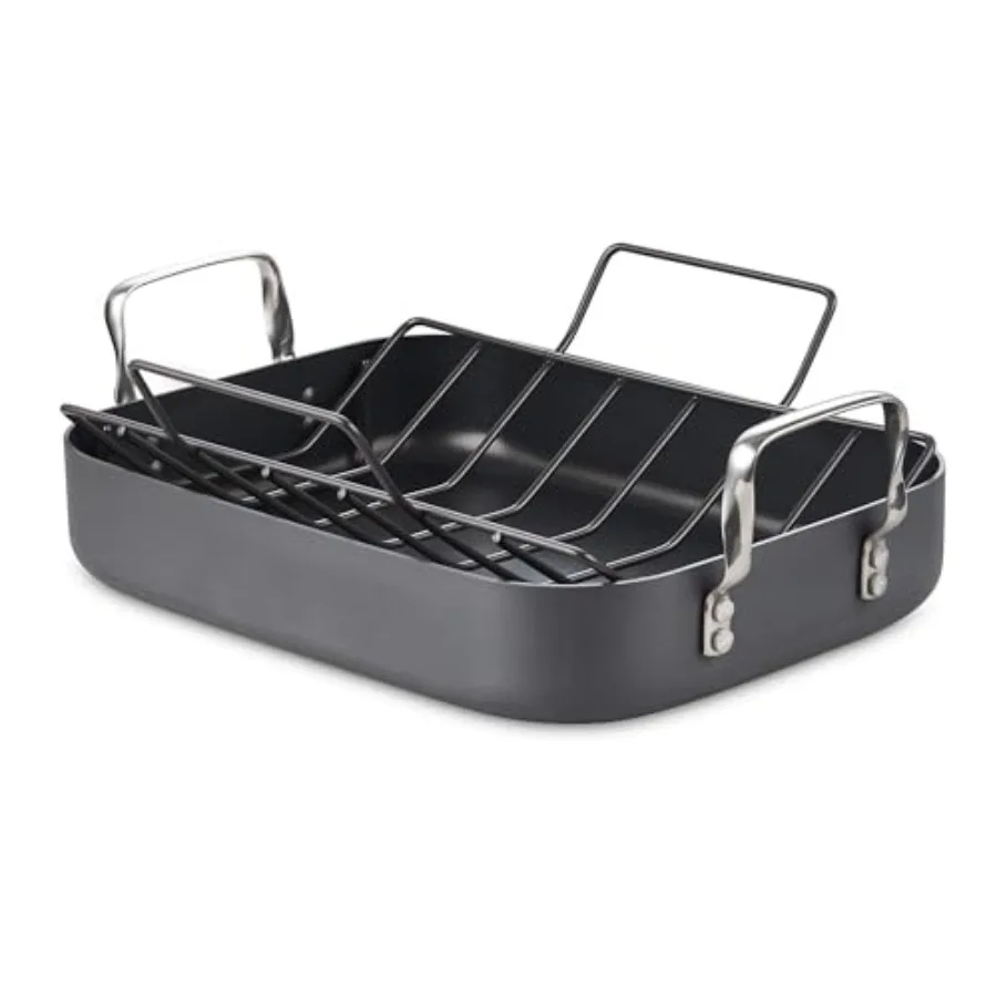 

Turkey Roasting Pan with Rack Hard Anodized Nonstick 16-Inch x 12-Inch Chicken Ham Roaster Pan Multi-Use Grill Pan with Handles