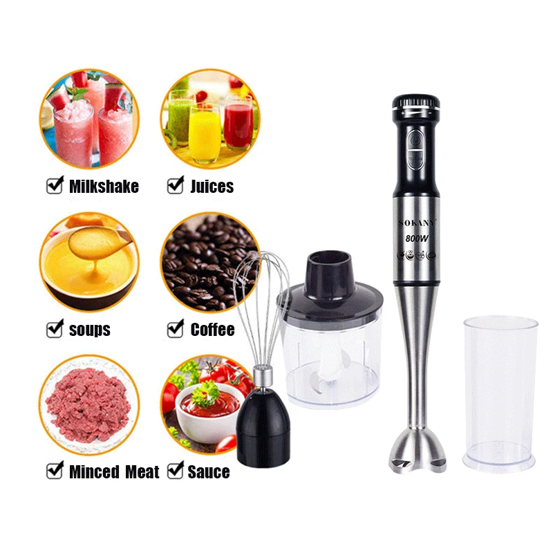 

4 In 1 Household Food Processor 800W Electric Stirring Bar 6 Gears Kitchen Stainless Steel Whisking Chopping Blending Machine