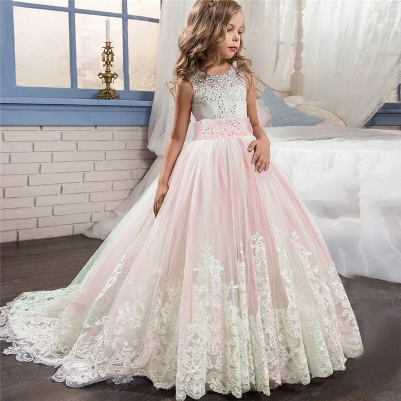 Teen Girls Princess Pageant Dress Long Bridesmaid Kids Prom Gown Children Wedding Party Floral Lace Dress 5-14 Yrs Kids Vestidos