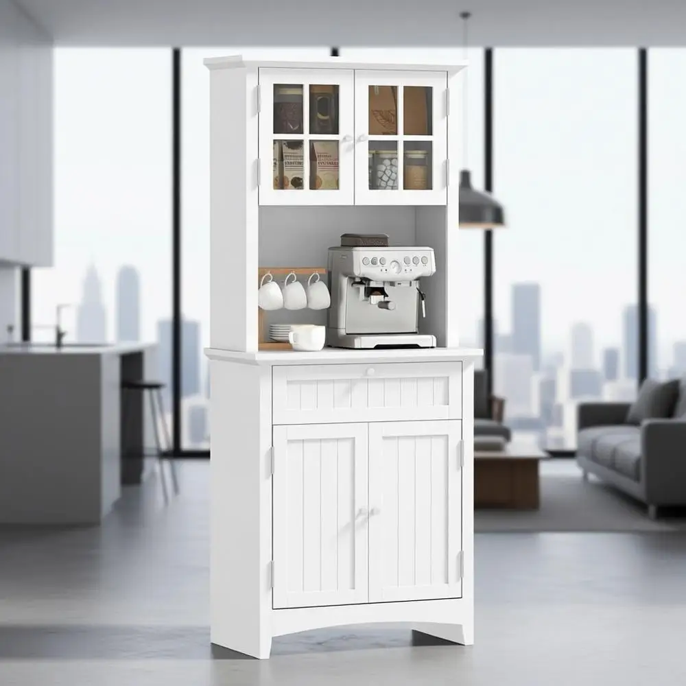 Classic Kitchen Pantry Cabinet with Glass Door, Microwave Space, Suitable for Dining or Living Rooms, White