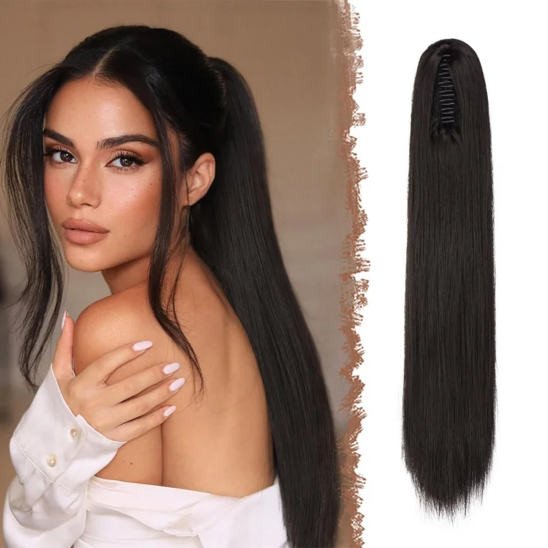 

Накладные волосы-хвост на заколке 24 дюйма, длинные прямые синтетические волосы на заколке для женщин, пушистые, естественного вида