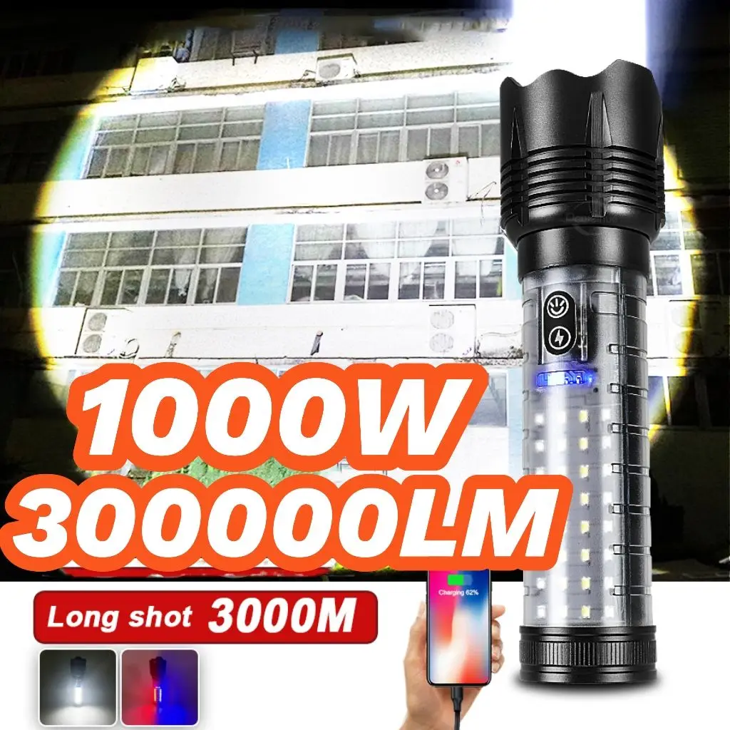 Torcia LED Ad Alta Potenza Da 1000W Potente Torcia LED Ricaricabile Torcia Tattica Super Luminosa A Lungo Raggio 3000M Lanterna