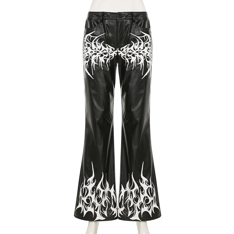 Flame Print PU Leather Flare Pants for Women Button Fly High Waist Stretch Slim Casual Streetwear Boot Cut Trousers Bottoms