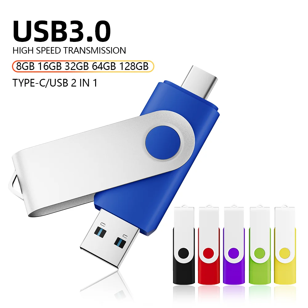 

Type-C USB 3.0 High speed flash drive 2 IN 1 360° Rotate Freely Pen Drive 128GB/64GB/32GB/16GB Multi-format Compatible U Disk