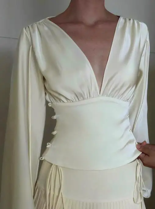 

Woman Blouse 2025 Spring Autumn New Solid Color Long Sleeved Satin Waist Cinched Drawstring V-Neck Casual Lace Up Daily Top