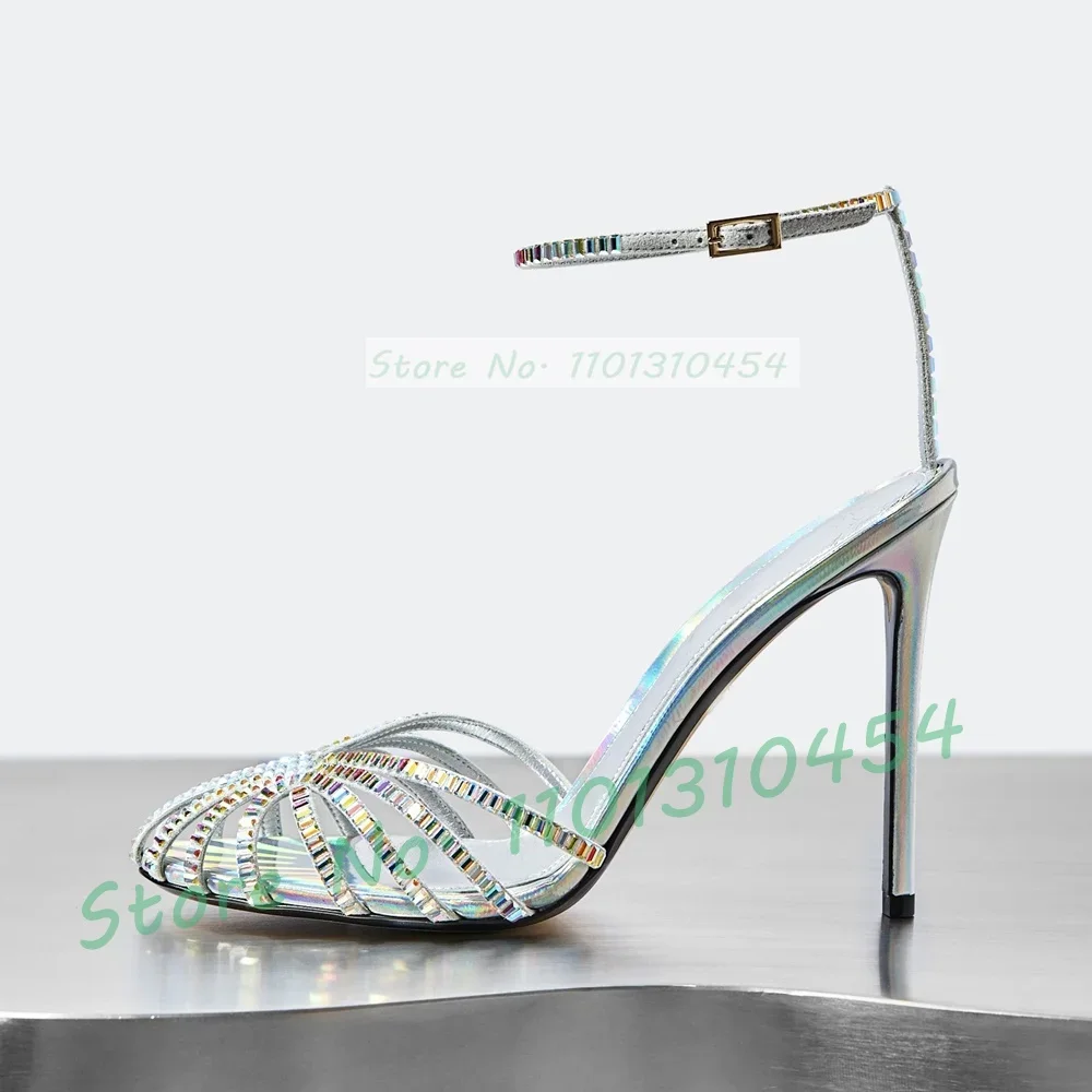 Colored Crystal Cross Strap Sandals Women Shimmer Iridescent Silver T Strap Shoes Ladies Stiletto High Heels Sexy Party Sandals