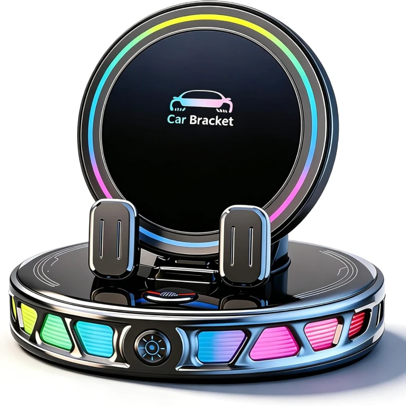 15W MagSafe Car Mount Charger with 7-Color RGB Light, Car Phone Holder for Your Car, Horizontal Mode Wireless Charging, 360 °   Rotating Strong Suction Mount for iPhone 17 Pro Max 16 15 14 13 12